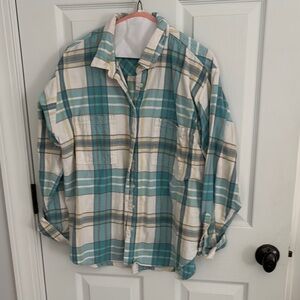 Teal and White Plaid Button-Up Shirt